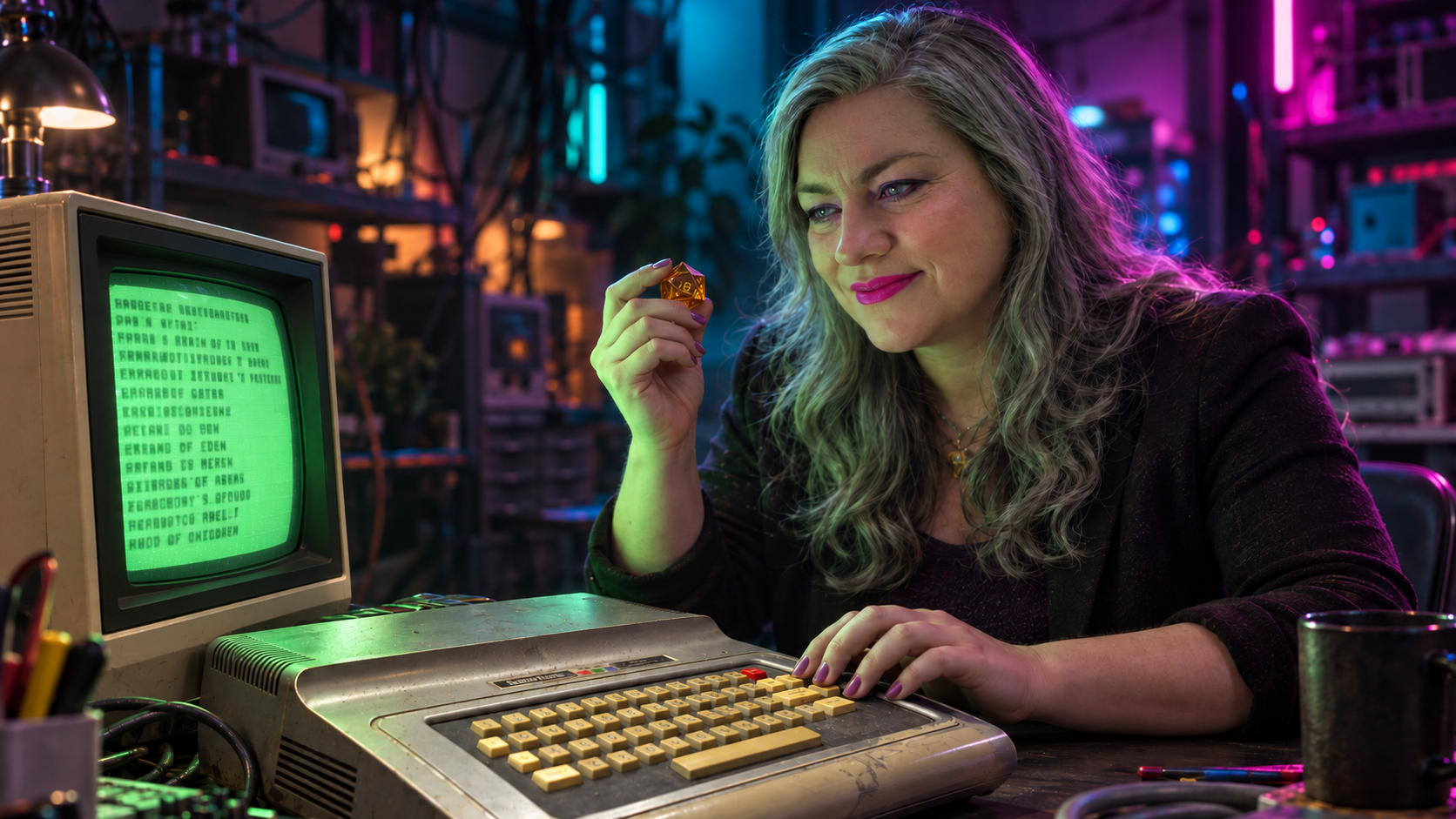 An illustration: a silver-haired woman in a dark blazer sits at a night-time workbench lit by neon, one hand on the keyboard of a worn 1981 Radio Shack Color Computer and the other holding a twenty-sided die, smiling at a beige CRT monitor showing rows of dark blocky characters on the CoCo's bright green display