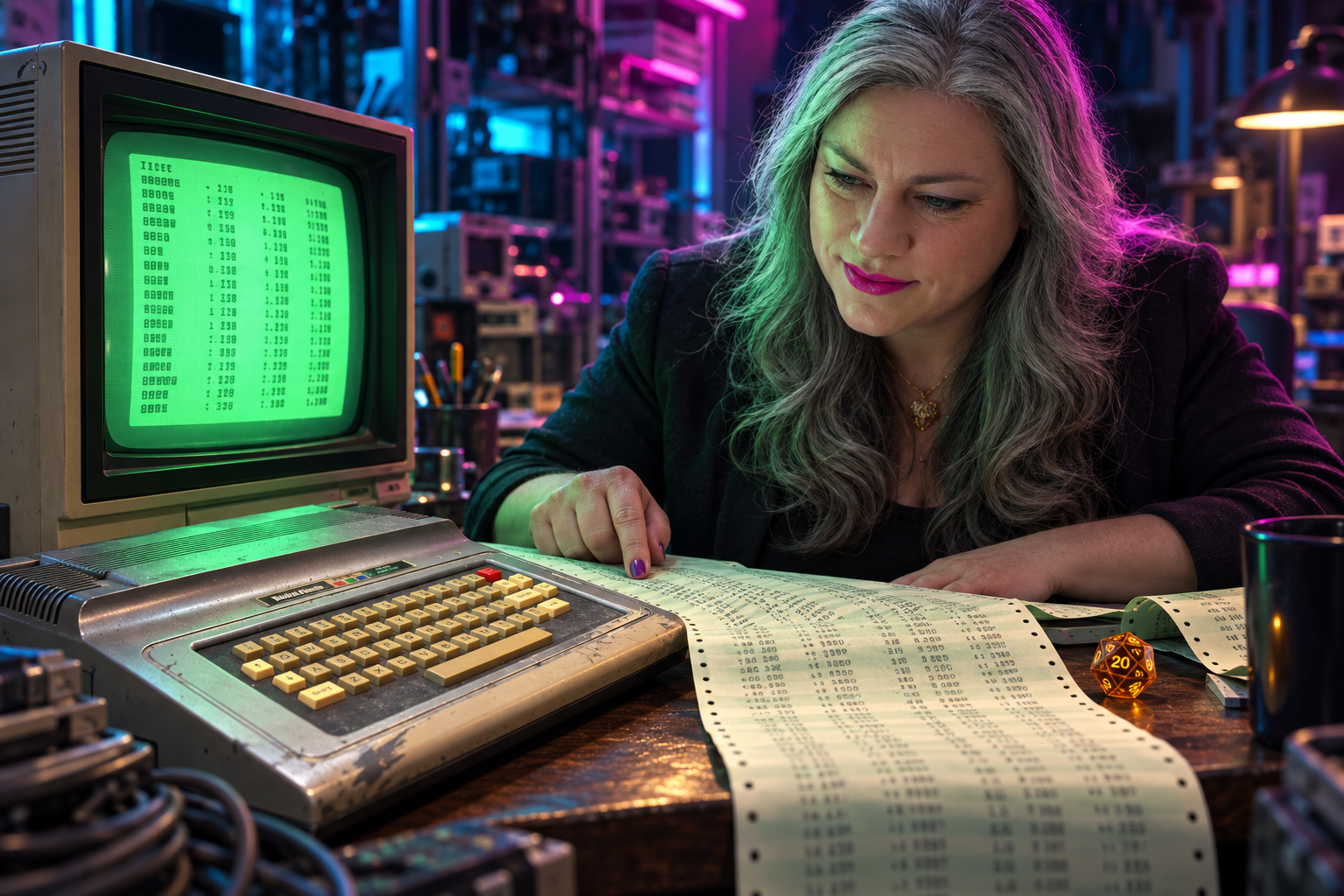 An illustration: a silver-haired woman in a dark blazer leans over a workbench at night, one finger on a row of numbers on a long strip of green-bar fanfold printout that runs past a worn 1981 Radio Shack Color Computer, while the beige CRT beside it shows a green screen with a table of short words and columns of numbers; an amber twenty-sided die rests on the desk beside the paper