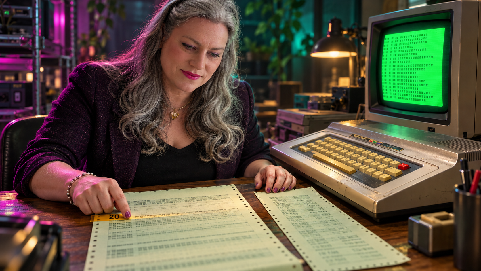 An illustration of a silver-haired woman marking checkpoint 20 on a fanfold printout beside a separate assembly listing, a worn silver Color Computer and a beige CRT, under green, cyan and magenta light.