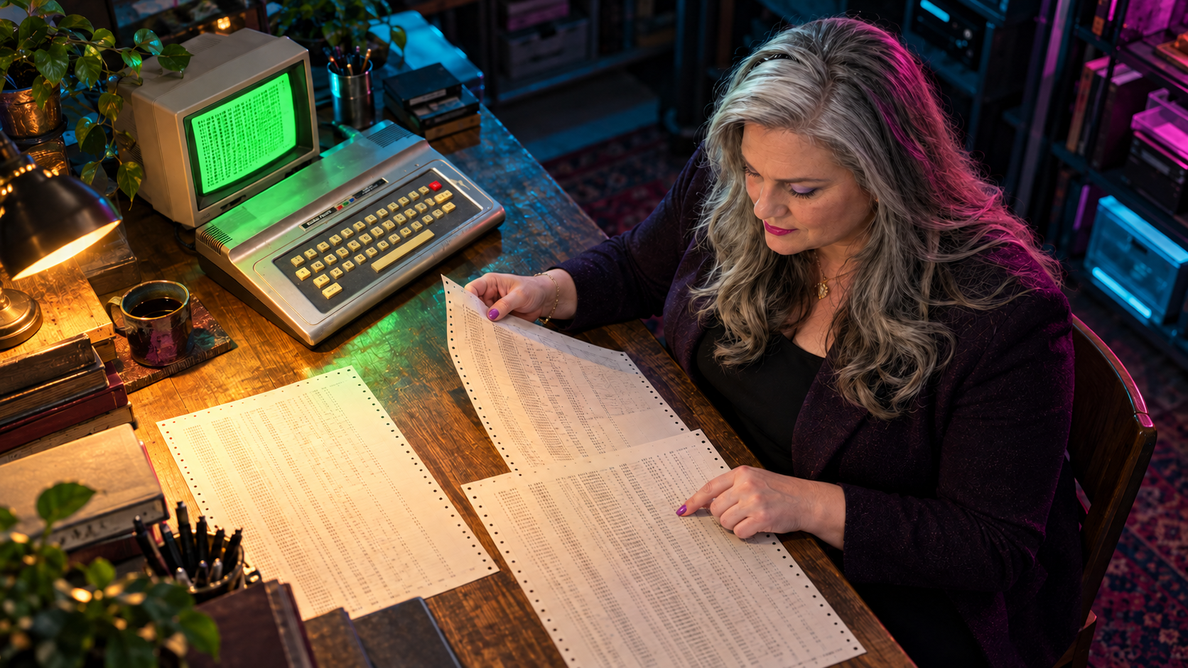 An overhead illustration of a silver-haired woman comparing fanfold training-data sheets, with a compact silver Color Computer and green CRT at the far end of the table.