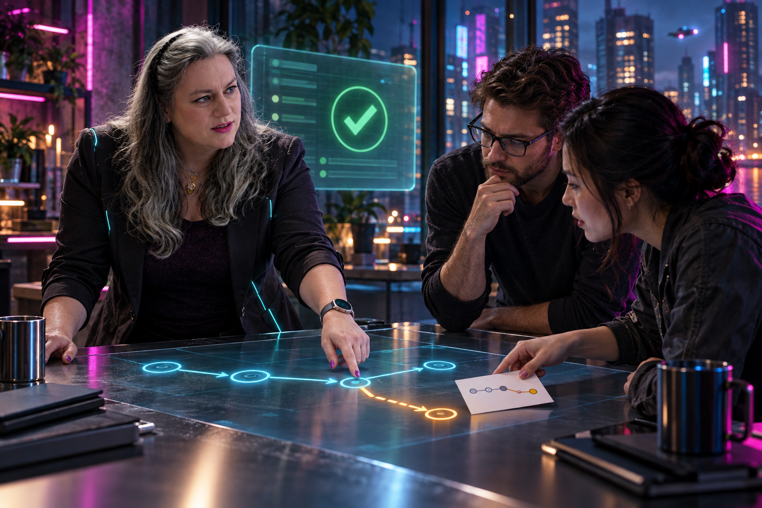 A silver-haired woman and two colleagues examine a cyan path branching into amber on a shared table. A colleague holds an evidence card beside the branch while a green approval check remains lit behind them.