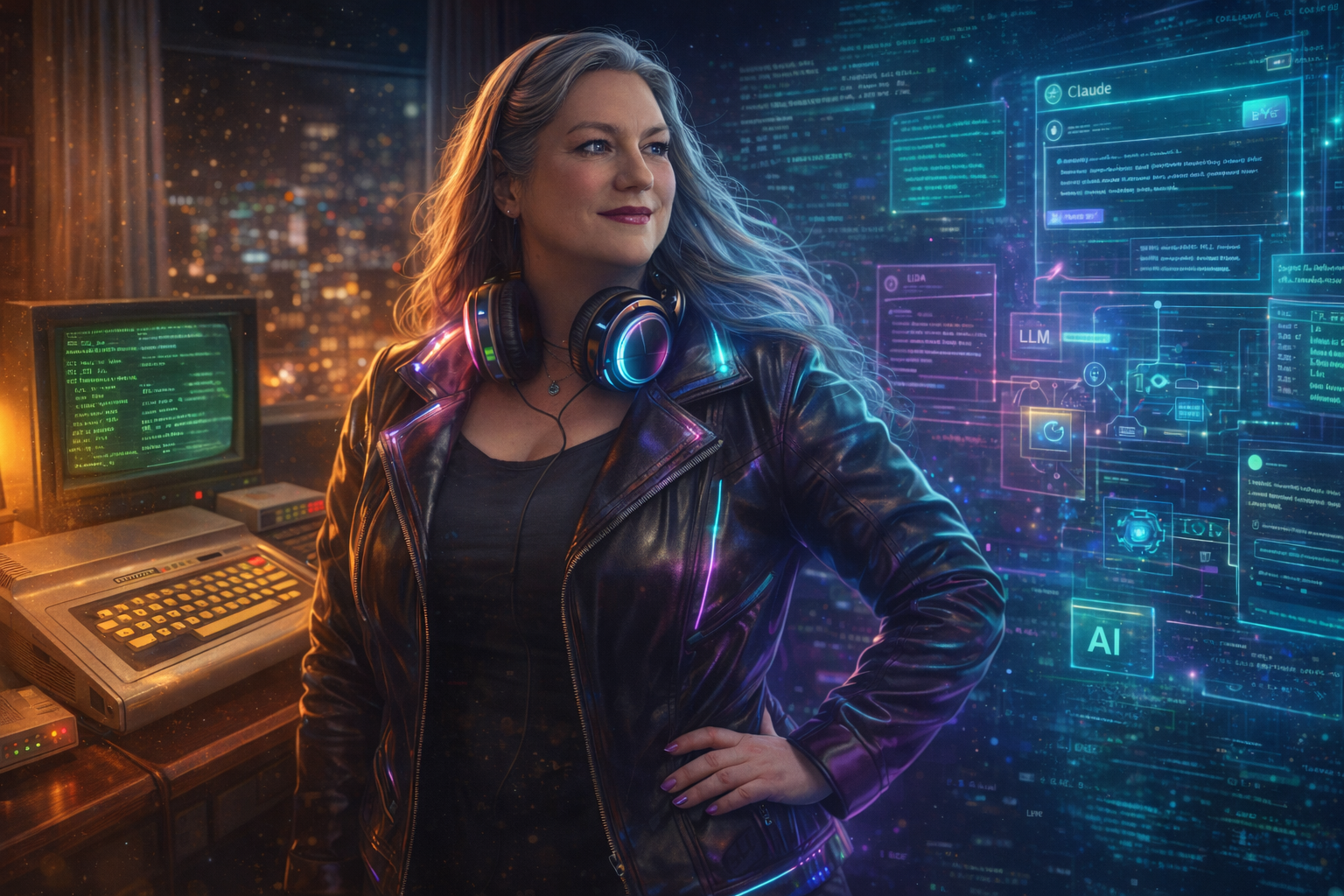 A silver-haired woman in cyberpunk attire stands at the intersection of eras - a vintage TRS-80 Color Computer glowing on one side, holographic AI interfaces floating on the other, her expression one of nostalgic joy