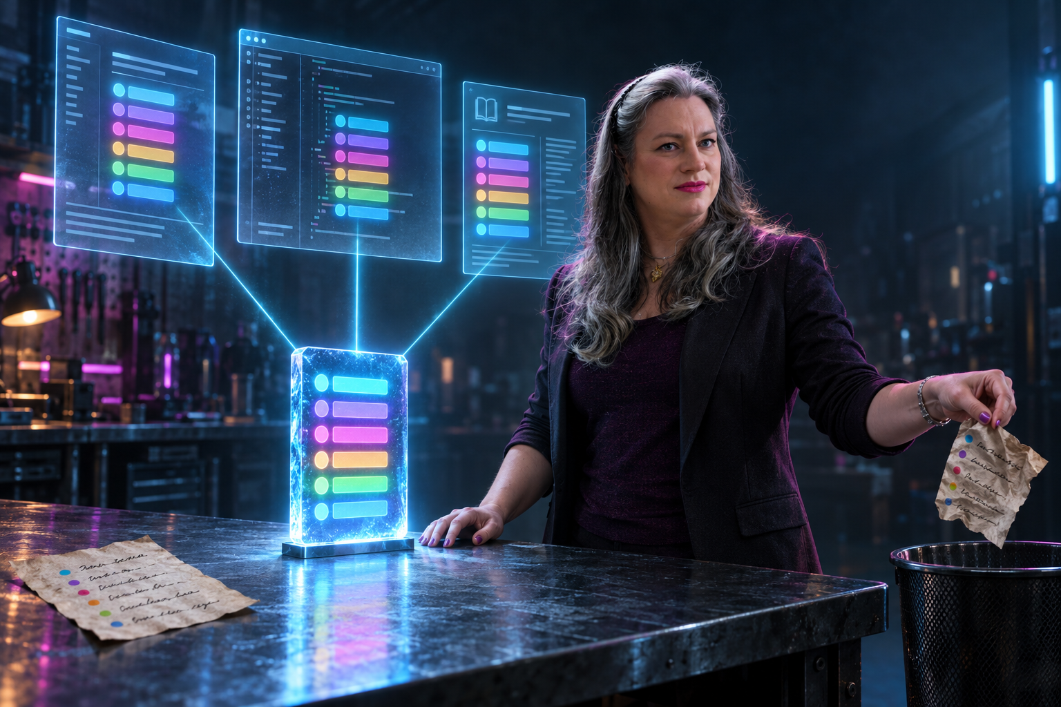 A silver-haired woman in a dark blazer stands at a steel workbench in a dark workshop. One glowing crystalline record card with six coloured rows stands on the bench, and three thin beams of light run from it up to three translucent projected panes showing the same six rows as a document, a code file, and a text file. One hand rests beside the card; the other drops a crumpled hand-written paper copy of the same rows into a wastebasket, while a second paper copy lies on the bench.