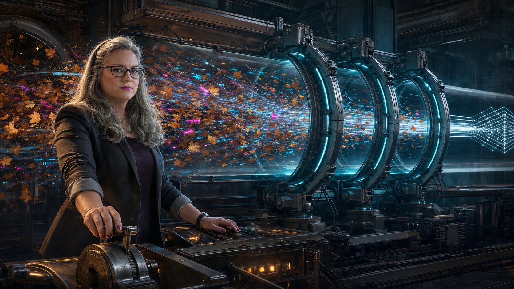 Silver-haired woman operating an industrial wind tunnel as chaotic leaves and glowing code fragments pass through containment gates and emerge in an orderly stream