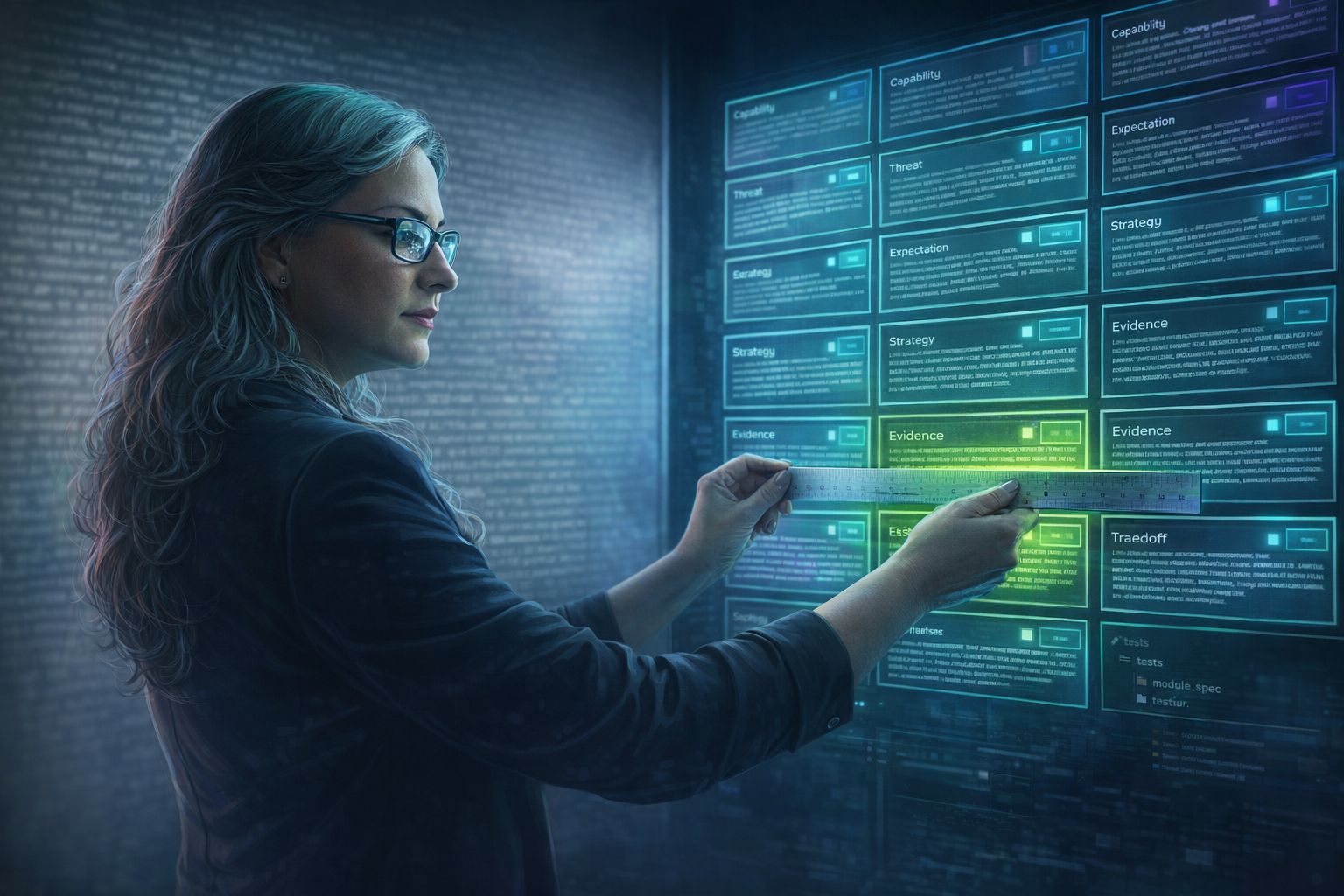 Silver-haired woman in a dark blazer and glasses facing a vast holographic wall of glowing intent record cards, their rows labelled Capability, Threat, Expectation, Strategy, Evidence and Tradeoff, a faint fog of unstructured text behind her — she holds a flat steel ruler level across the one card lit green