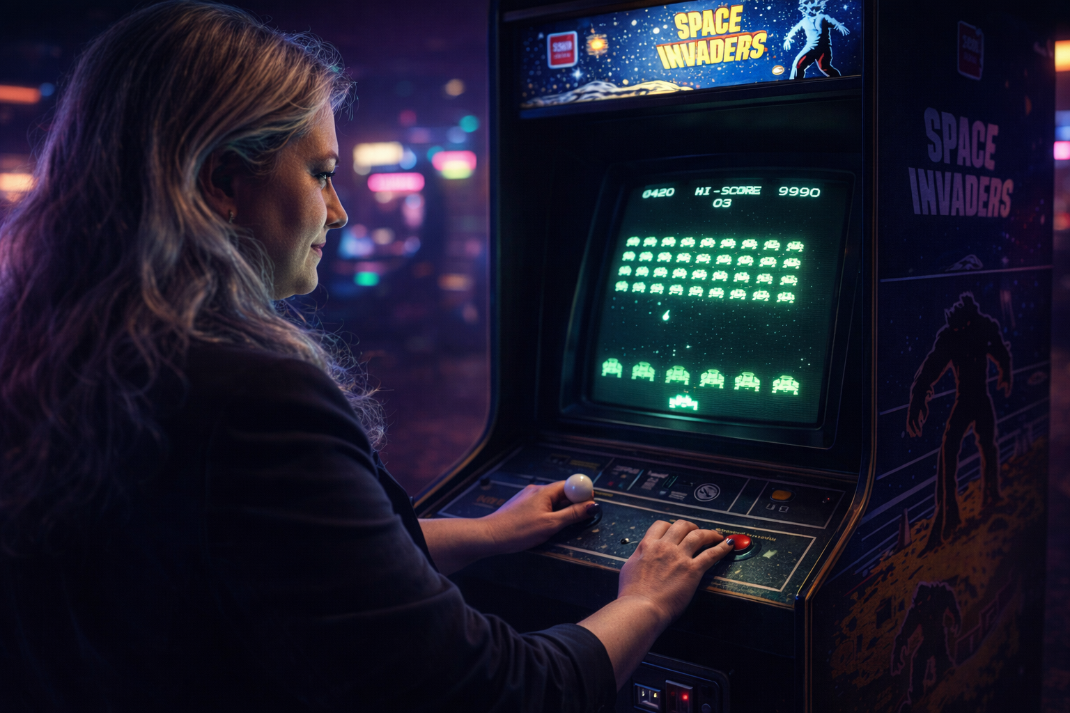 Silver-haired woman at a 1978-era Space Invaders arcade cabinet, hands on the joystick and fire button, CRT phosphor glow lighting her focused half-smile while the alien formation marches mid-game on screen and a hazy retro arcade hall recedes behind her