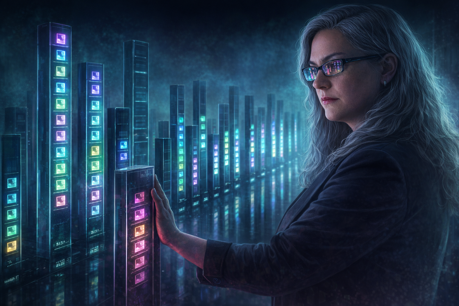 Silver-haired woman in a dark blazer standing before sixteen tall glowing columns of identical guidance cards, each column lit to a different height, one column dark and unchanged, her hand resting on the shortest lit one