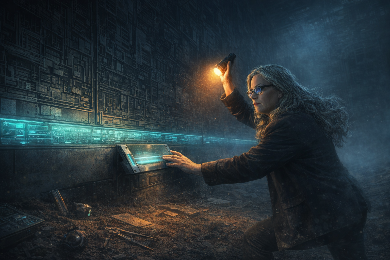 A silver-haired woman in a dark blazer braces at the base of a vast dark machine wall, one hand pressed on a glowing tool seated in the single narrow lit band of the structure, the other holding an amber lamp up into the darkness above where its beam falls short — obsolete drafting instruments and cracked panels lie half-buried in dust around her