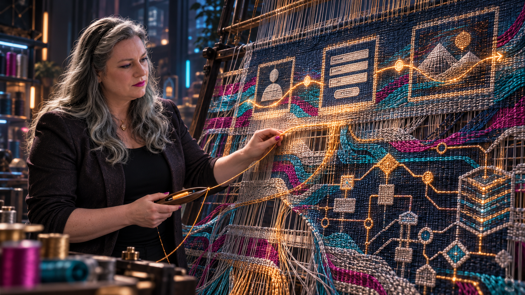 A silver-haired woman adjusts a glowing amber thread in a tapestry connecting a customer signup journey to the system's underlying rules and services.